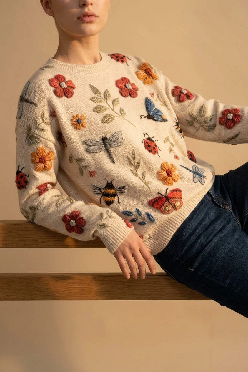 Women's Embroidered Floral Knit Sweater Loose Fit Crew Neck — variant_front