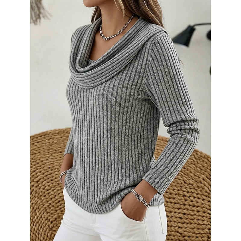 Ribbed Knit Sweater with Cowl Neck and Long Sleeves — variant_front