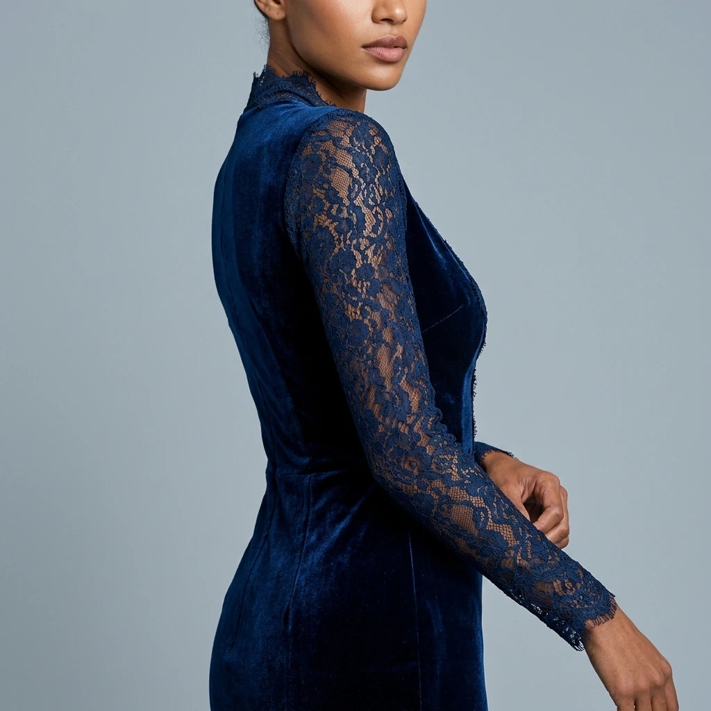 Velvet Slim Fit Midi Dress with V-Neck and Long Lace Sleeves for Women — variant_front
