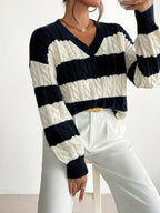 Striped Cable Knit Sweater with V-Neckline and Ribbed Cuffs — variant_front