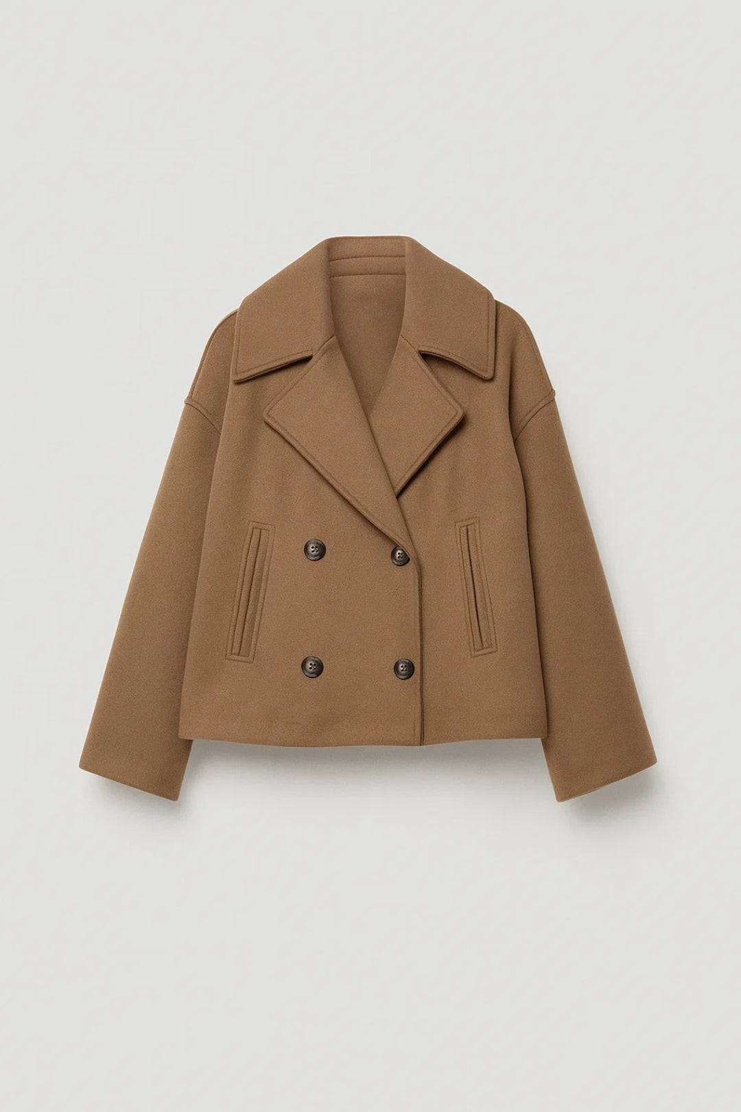 Cropped Double Breasted Wool Pea Coat with Wide Lapels — variant_front