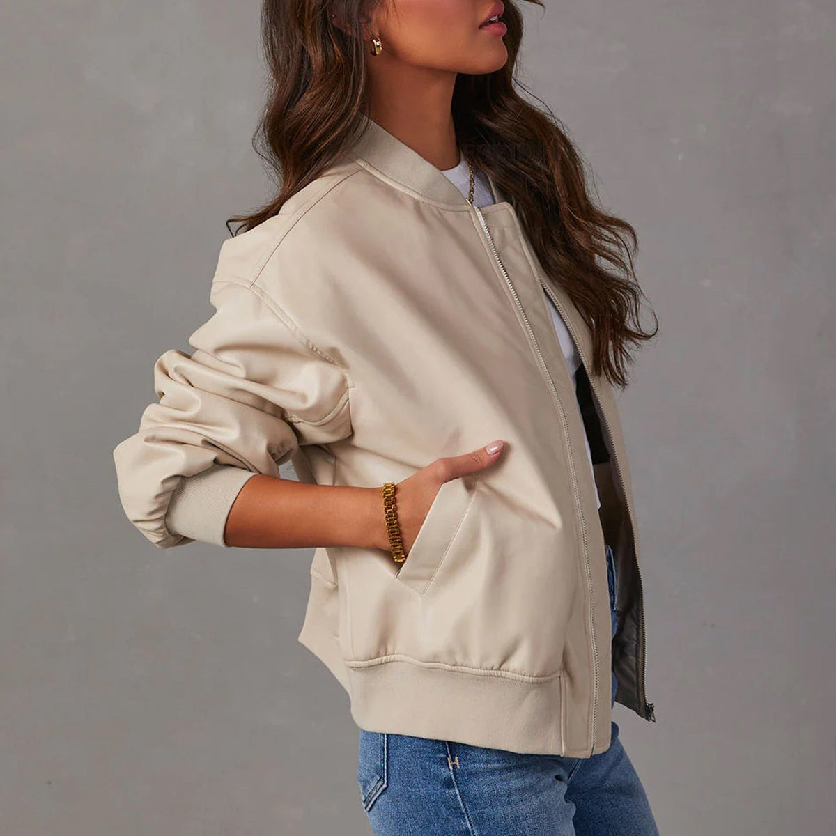 Oversized Leather Bomber Jacket with Ribbed Trim — variant_front