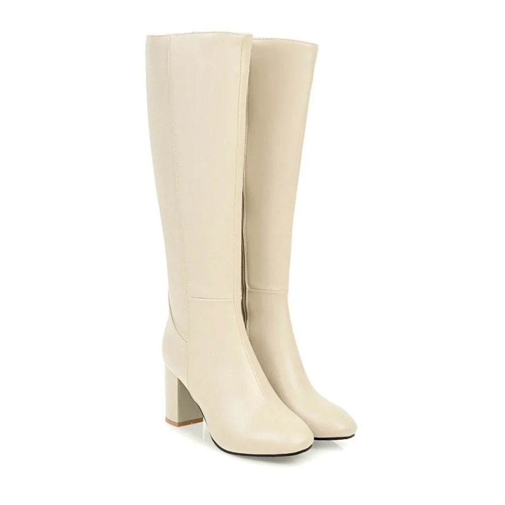 Heeled Knee High Leather Boots with Side Zip – Women's Block Heel — variant_front