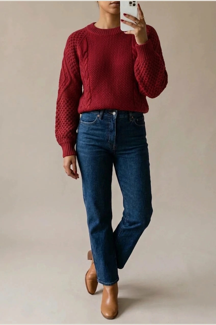 Women's Cable Knit Crew Neck Jumper for Autumn Winter — variant_front
