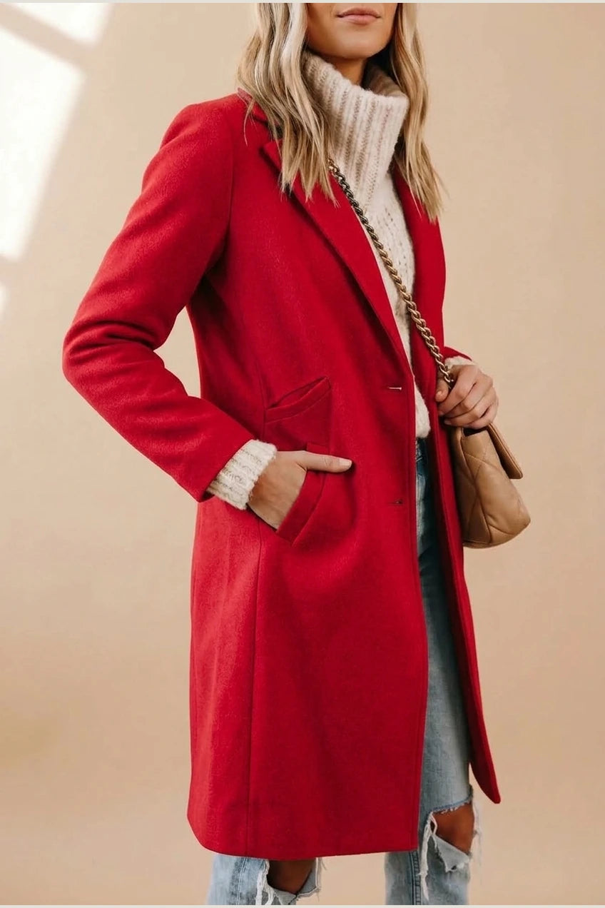 Women's Notch Lapel Longline Coat with Side Pockets — variant_front