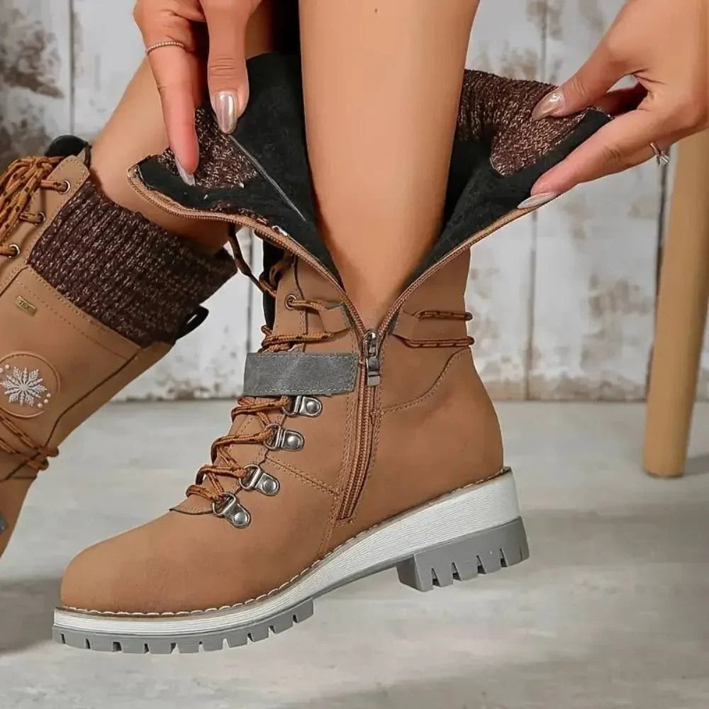 Insulated Lace Up Winter Boots with Knit Cuff and Buckle Detail — variant_front