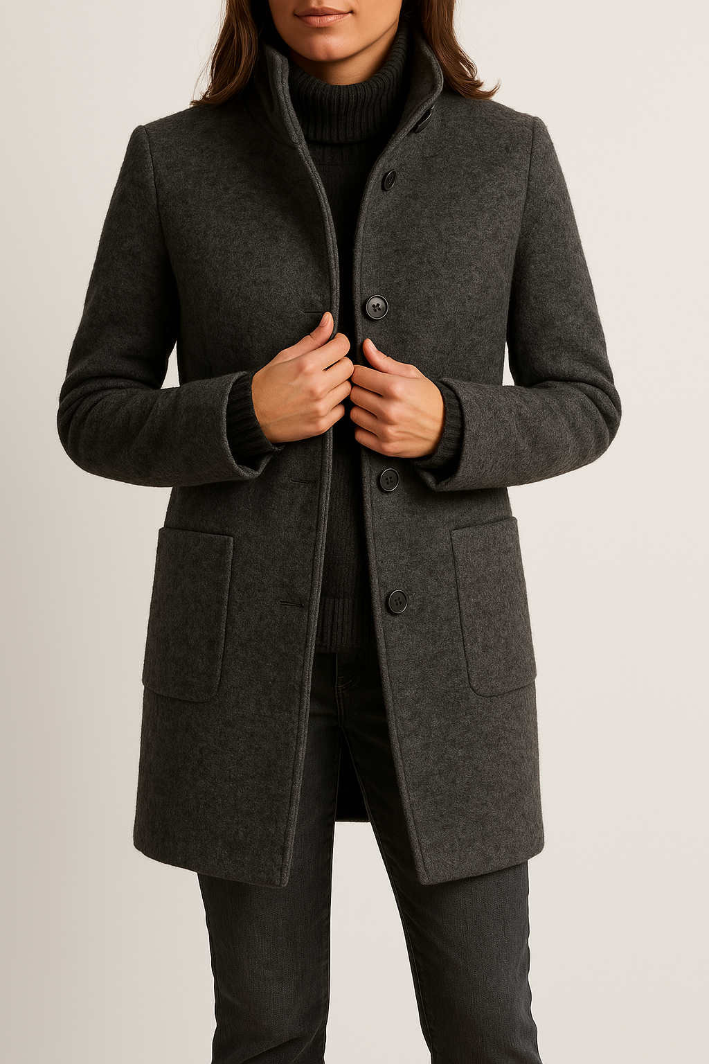 Tailored Wool Coat with High Neck and Patch Pockets — variant_front