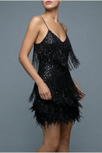 Sophie | Women's Sequin Fringe Feather Trim Cocktail Dress — variant_front