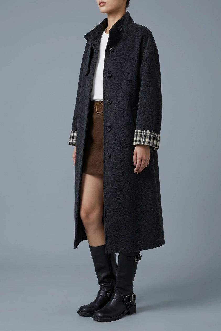 Women's Button-Front Wool-Blend Coat with Stand Collar — variant_front