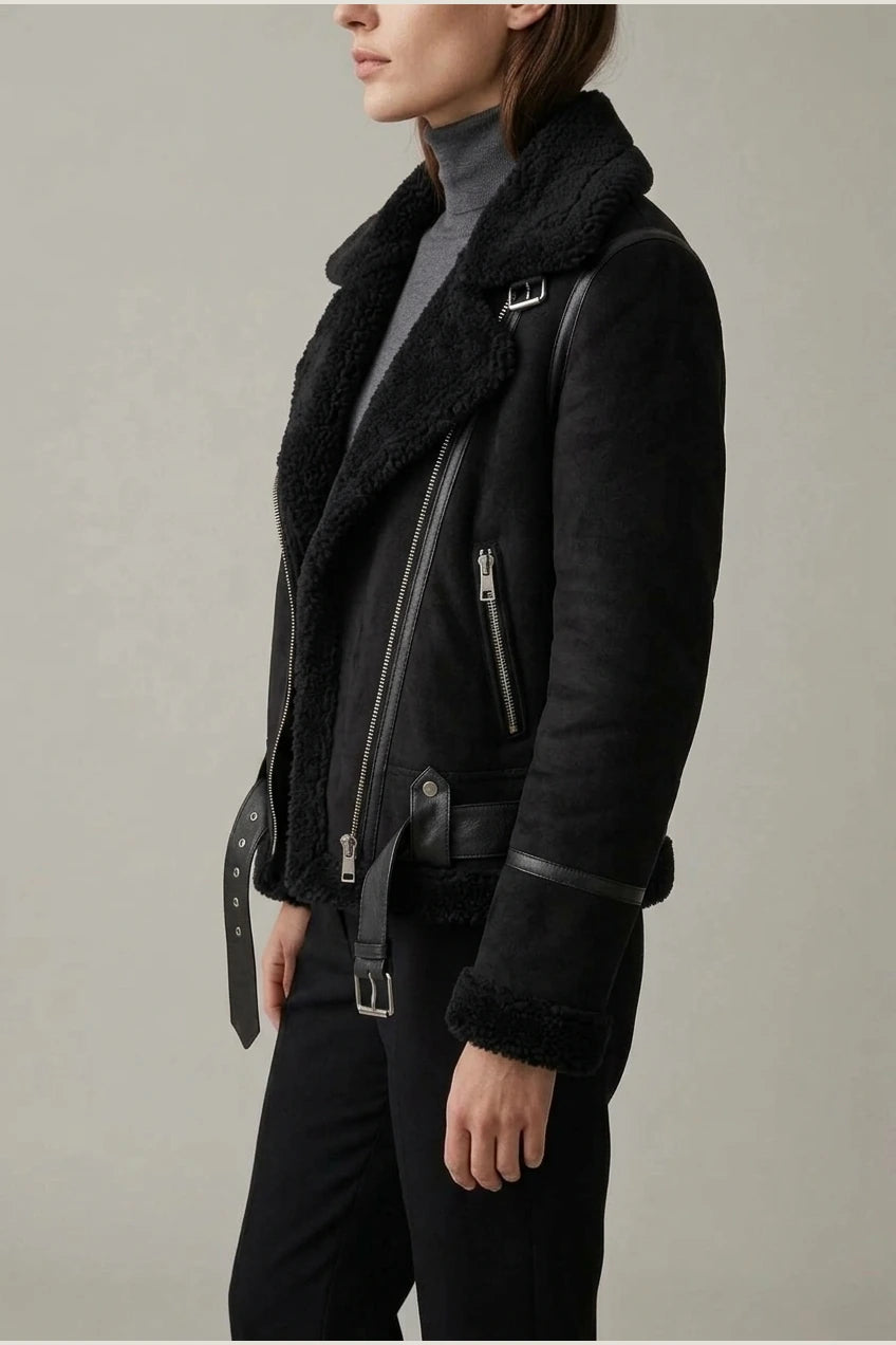 Amelia | Women's Shearling-Lined Belted Suede Moto Jacket — variant_front