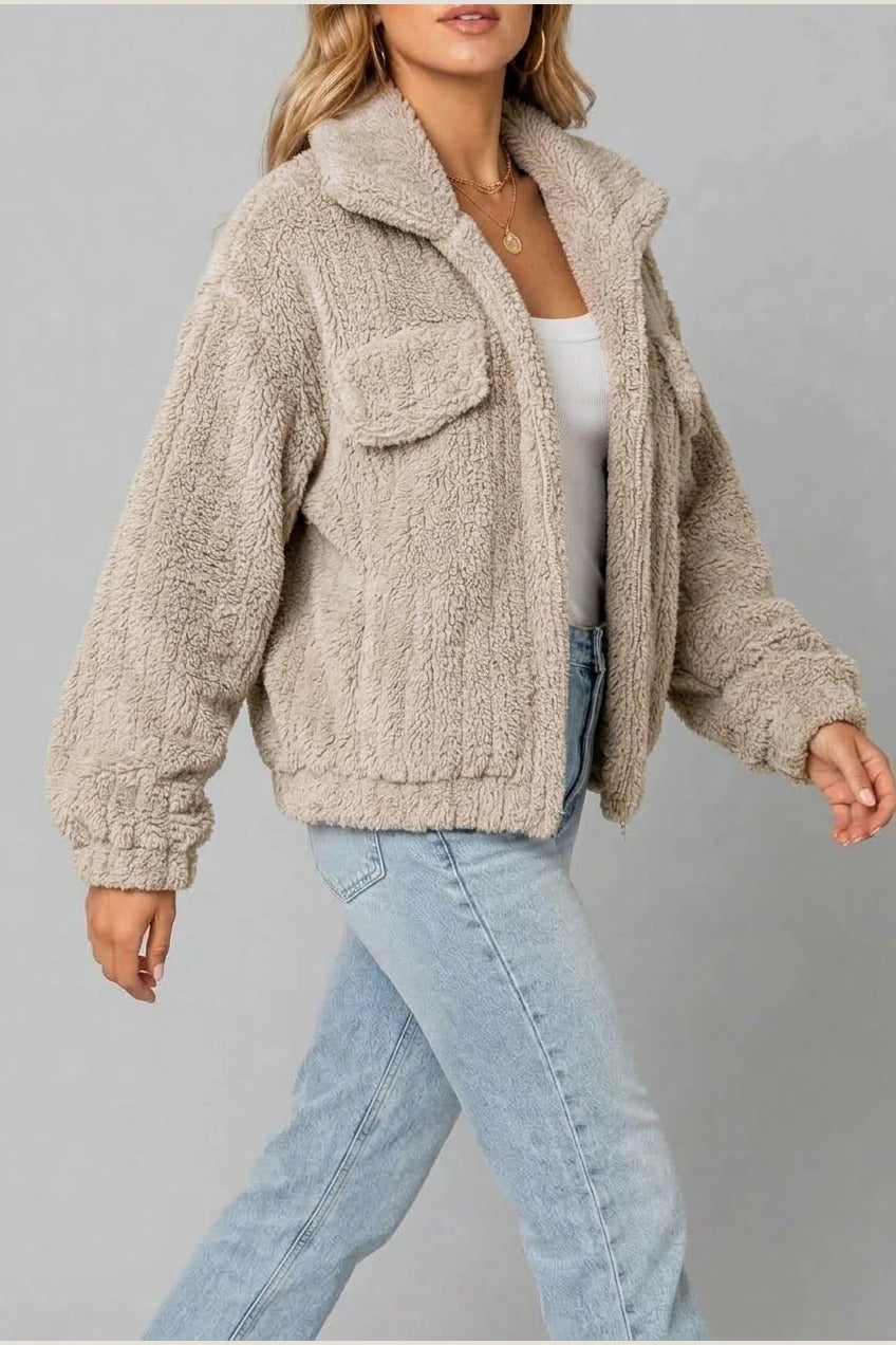 Montarello Women's Teddy Jacket Borg Collared Zip Up — variant_front