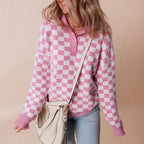Retro Checkerboard Knit Sweater with Collared Neck and Button Detail — variant_front