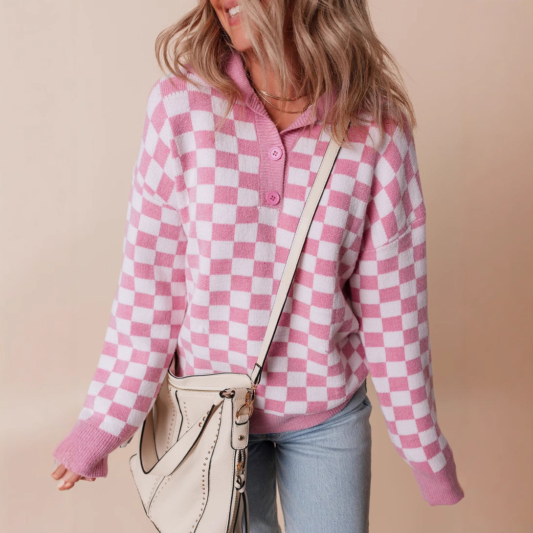 Retro Checkerboard Knit Sweater with Collared Neck and Button Detail — variant_front