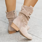 Slouchy Suede Mid-Calf Boots with Block Heel and Strap Detail — variant_front