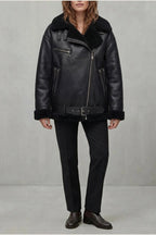Women's Aviator Coat with Belted Shearling Trim – Aveline — variant_front