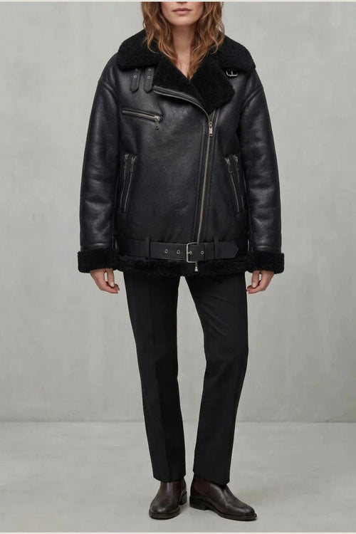 Women's Aviator Coat with Belted Shearling Trim – Aveline — variant_front
