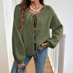 Relaxed Knit Cardigan with Tie Front and Puff Sleeves — variant_front