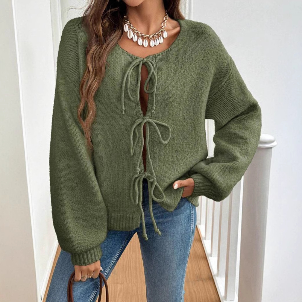 Relaxed Knit Cardigan with Tie Front and Puff Sleeves — variant_front