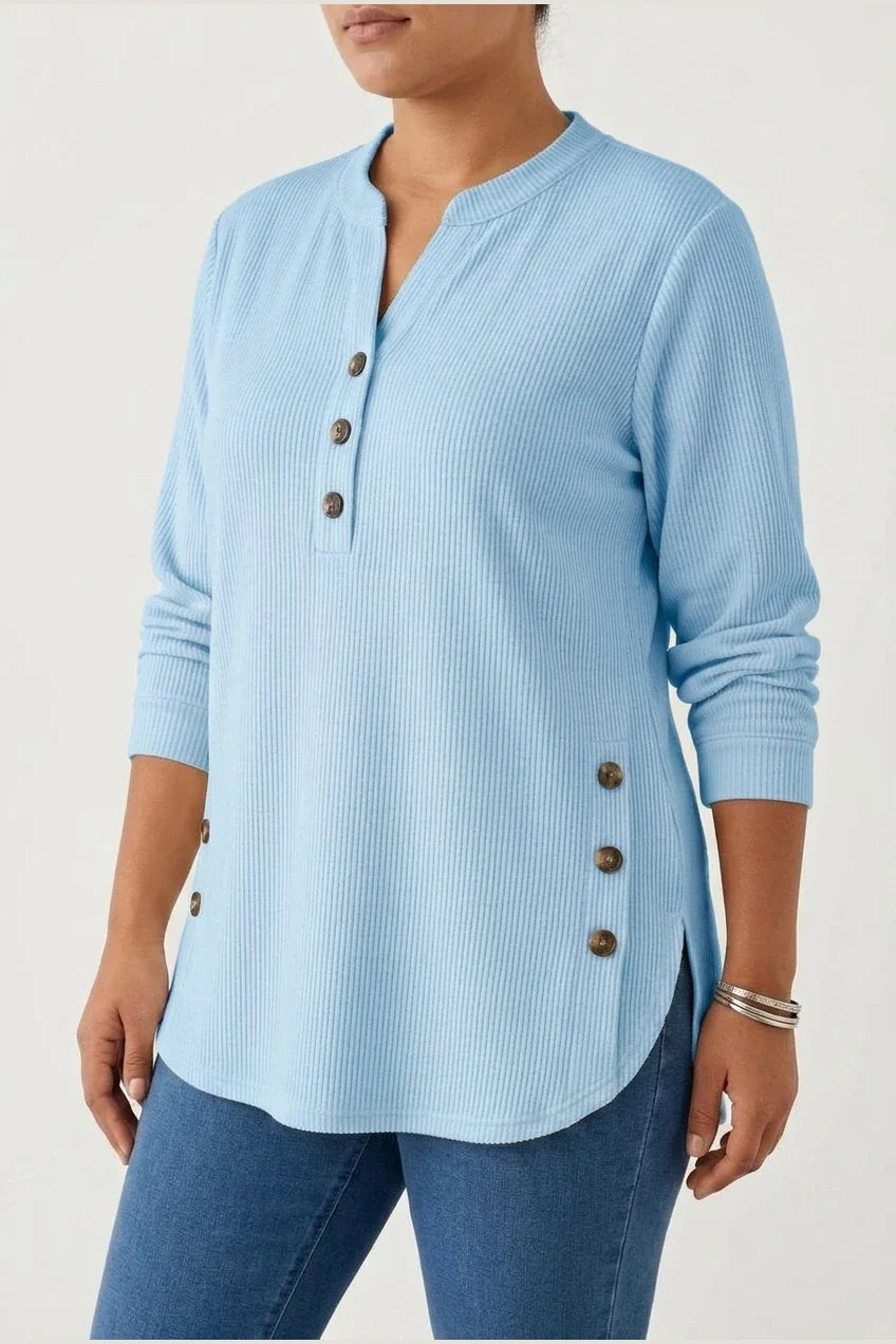 Plus Size, Plus-size Women's Spring/autumn Vertical Rib-textured Base Layer Top, Featuring a Loose Semi-open Neckline with Side-button Placket, Mid-length Curved Hem, European/American Style Long-sleeve Top That Covers the Hips and Slims the Figure. — variant_front