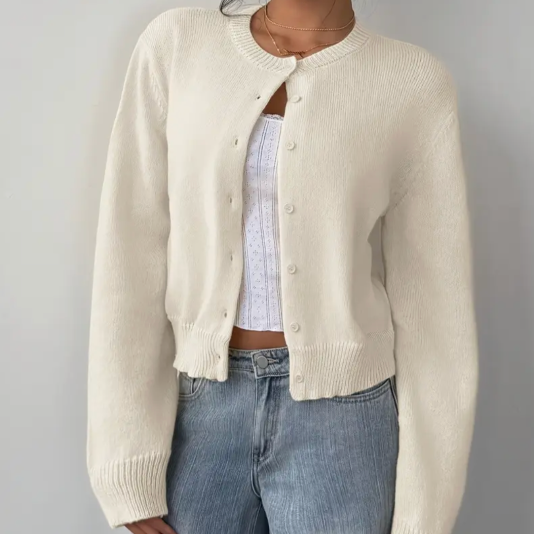 Soft Cropped Knit Cardigan with Round Neck — variant_front