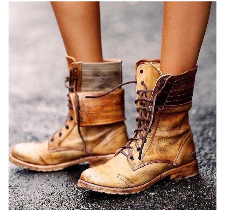 Leather Lace Up Combat Boots with Fold Down Cuff — variant_front