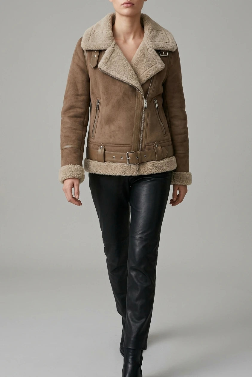 Amelia | Women's Shearling-Lined Belted Suede Moto Jacket — amelia-womens-shearling-lined-belted-suede-moto-jacket_lifestyle_urban_walk_03.webp