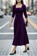 Scarlett | Women's Square Neck Velvet Floral Embossed Party Dress — variant_front