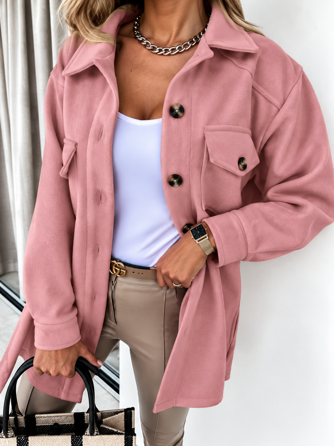 Relaxed Wool Shacket with Chest Pockets and Collar — variant_front