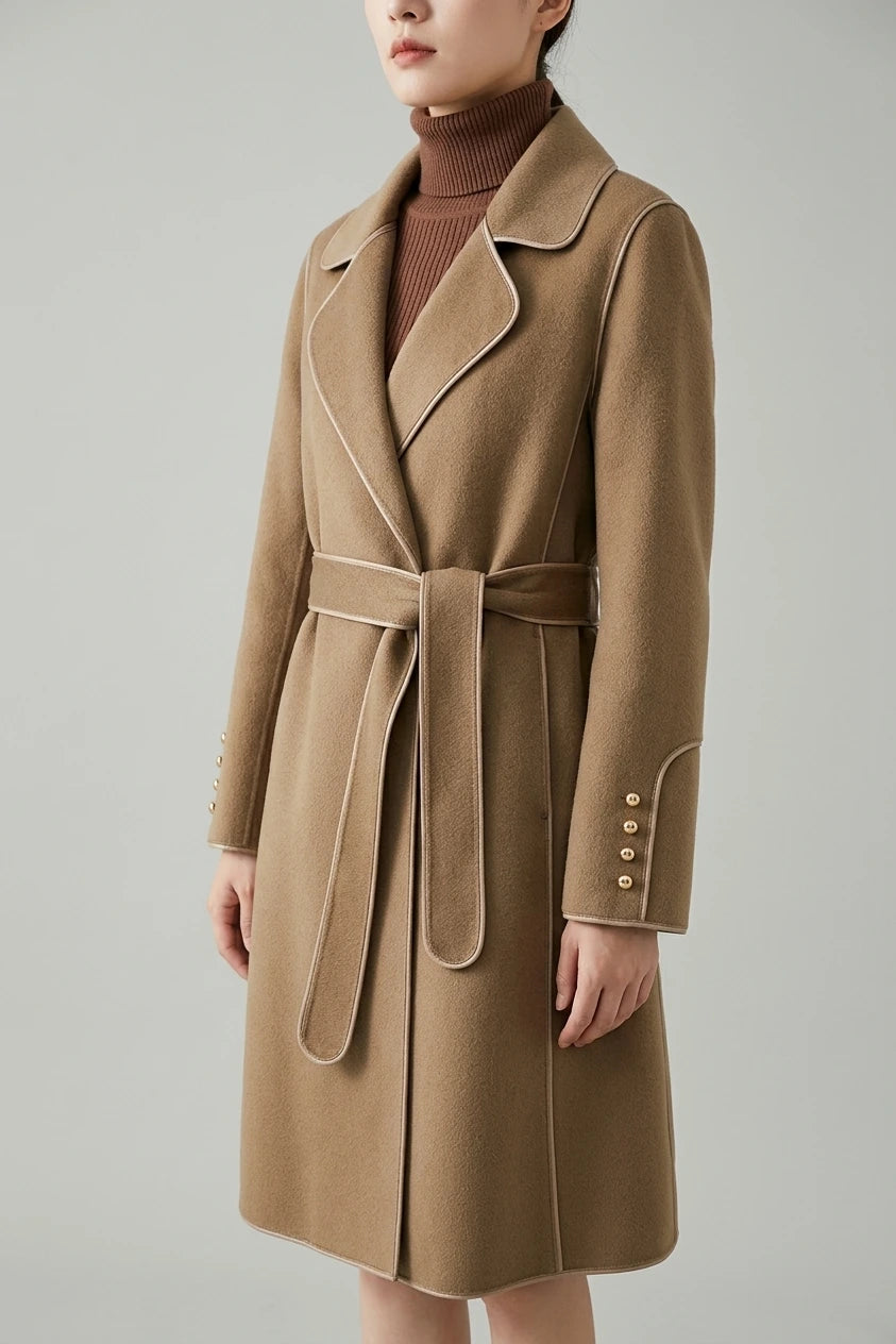 Refined Wool Coat with Contrast Trim and Self-Tie Belt — variant_front