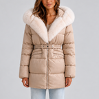Women’s Hooded Puffer Coat with Faux Fur Trim and Belt — variant_front
