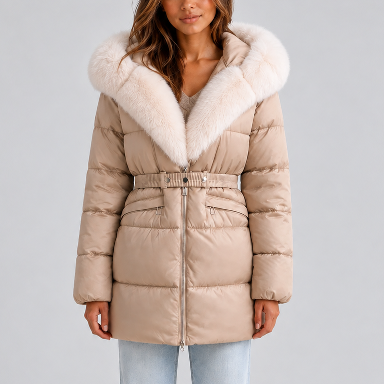 Women’s Hooded Puffer Coat with Faux Fur Trim and Belt — variant_front