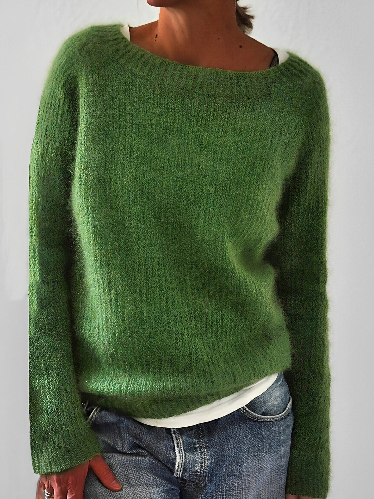 Fluffy Knit Sweater with Wide Round Neckline — variant_front