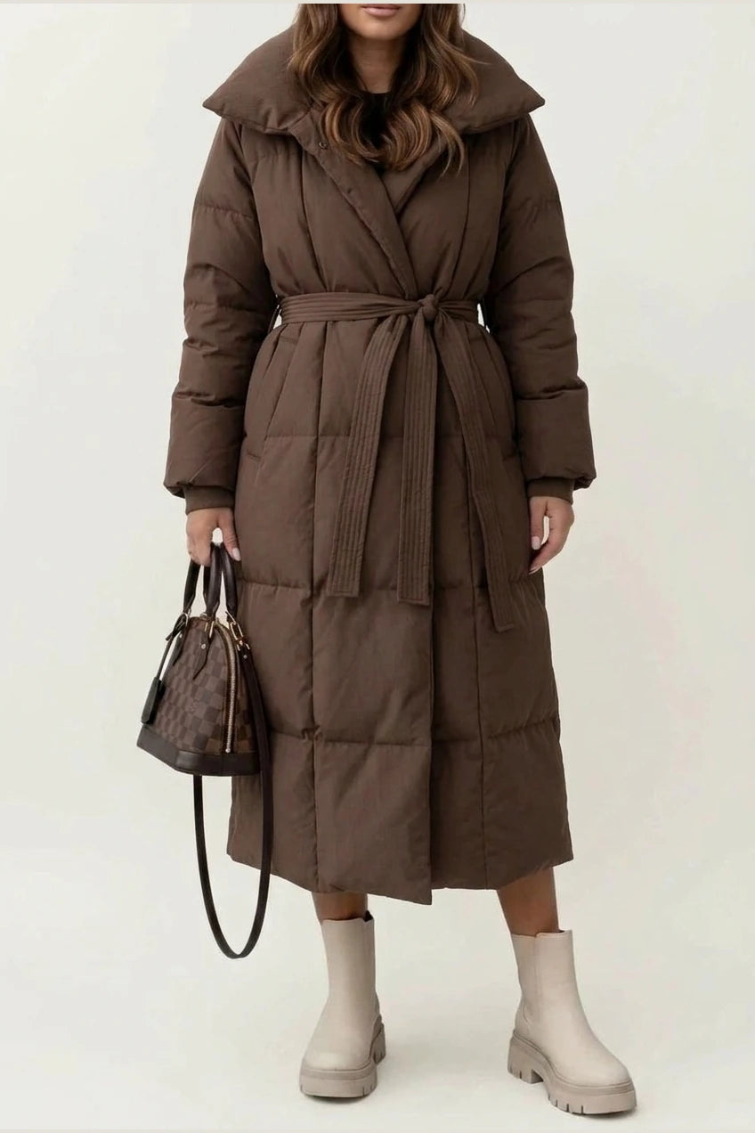 Women's Belted Long Puffer Coat with Silhouette Design – Ines — variant_front