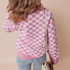 Retro Checkerboard Knit Sweater with Collared Neck and Button Detail — variant_front