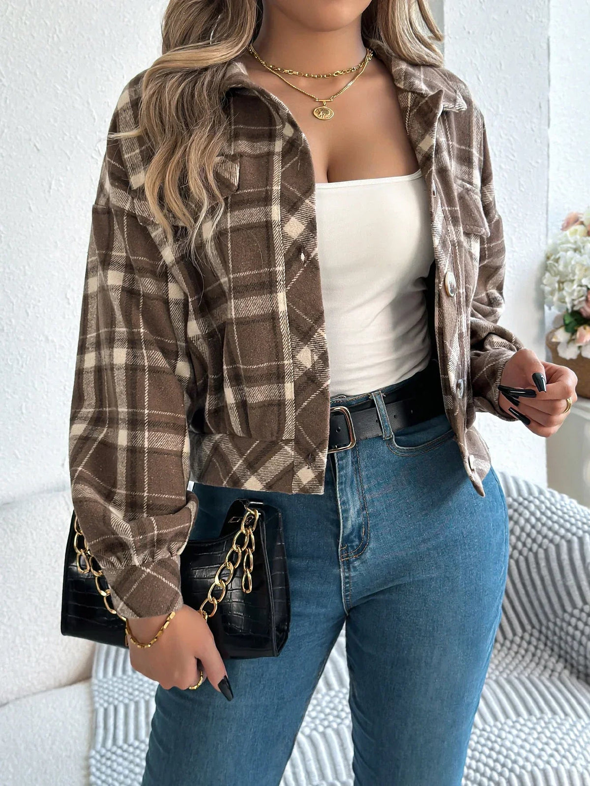 Cropped Plaid Shacket with Button Front and Chest Pockets — variant_front
