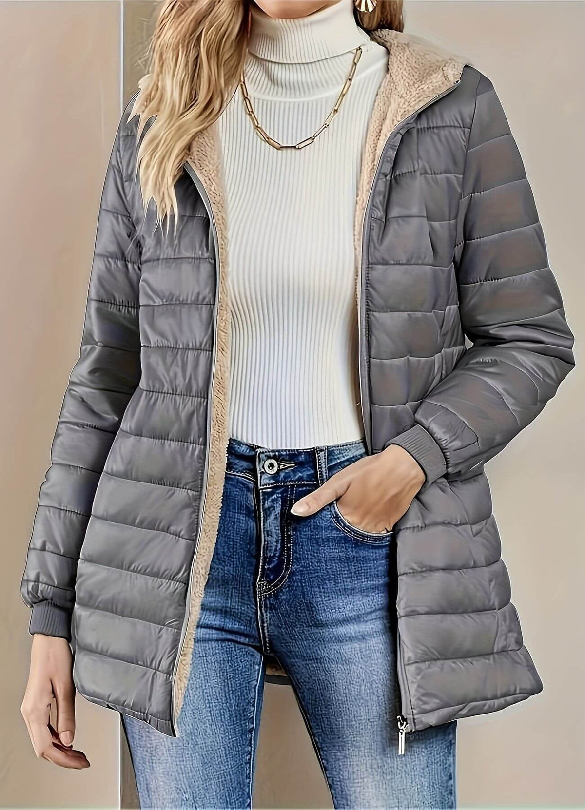 Lightweight Hooded Puffer Jacket with Ribbed Cuffs — variant_front