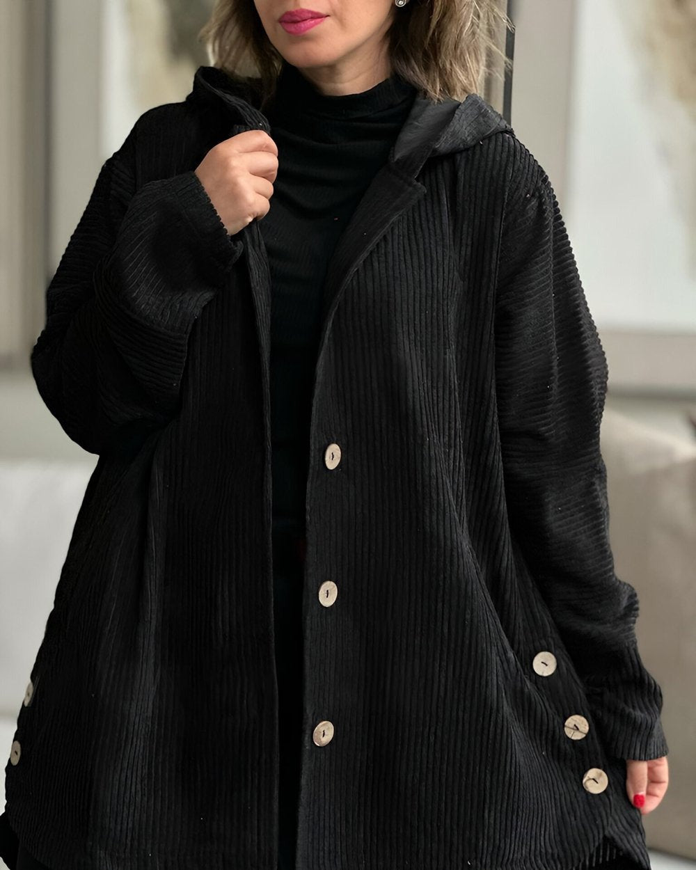 Retro Hooded Corduroy Jacket with Wooden Buttons — variant_front