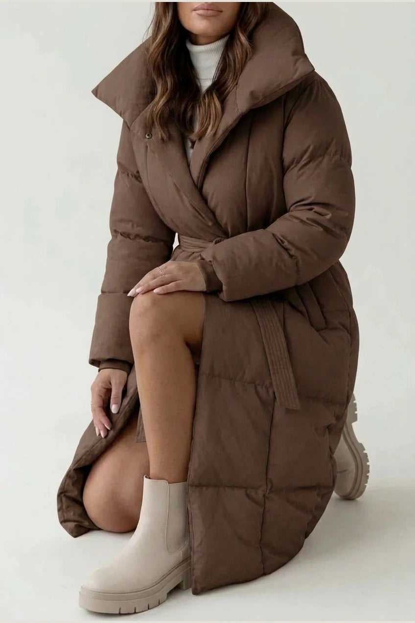 Women's Belted Long Puffer Coat with Silhouette Design – Ines — variant_front