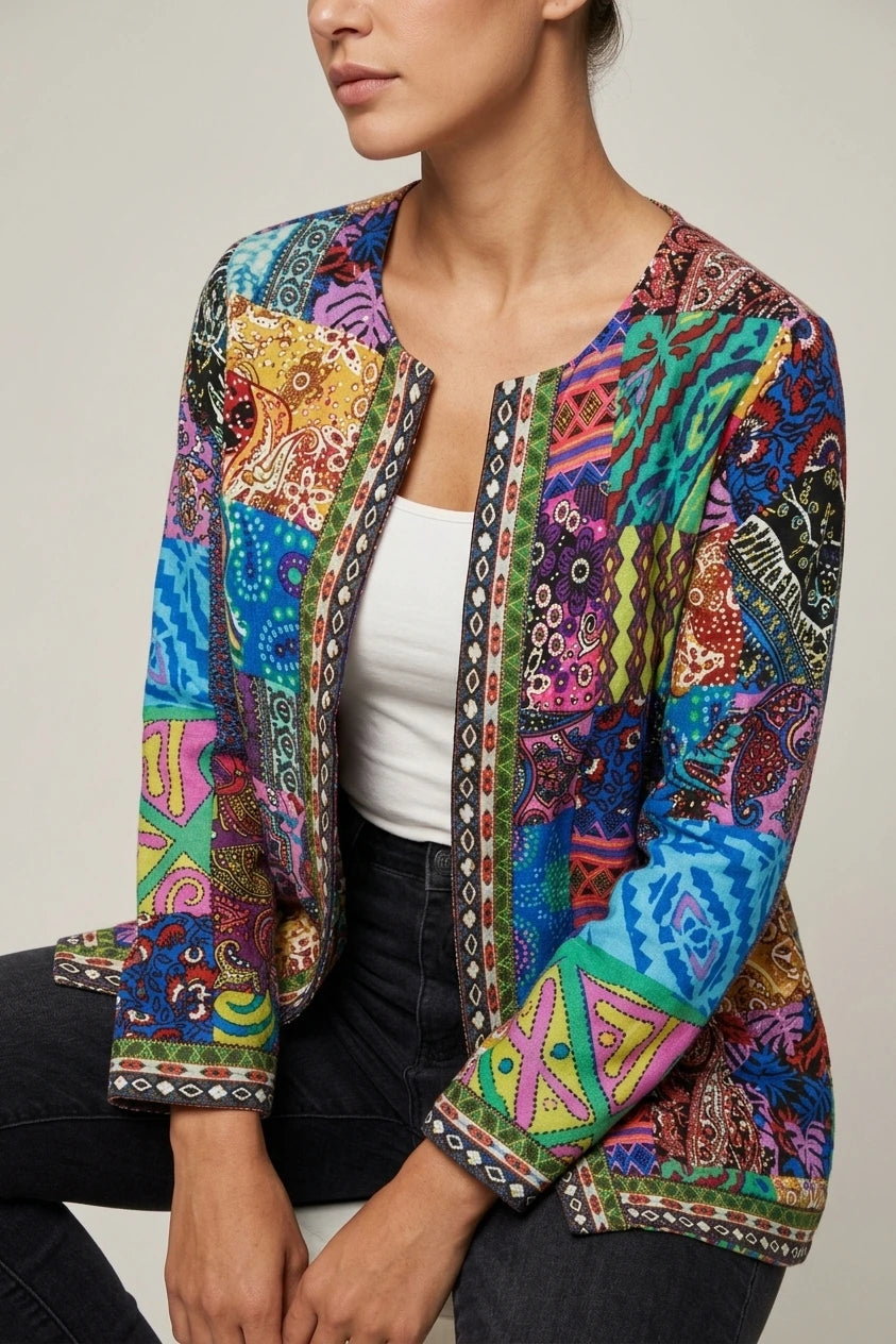 Women's Printed Open-Front Jacket with Long Sleeves — variant_front