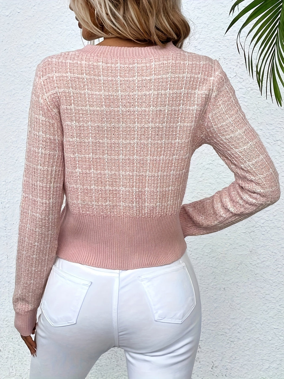 Houndstooth Knit Cardigan with Gold Buttons and Chest Pockets — variant_front