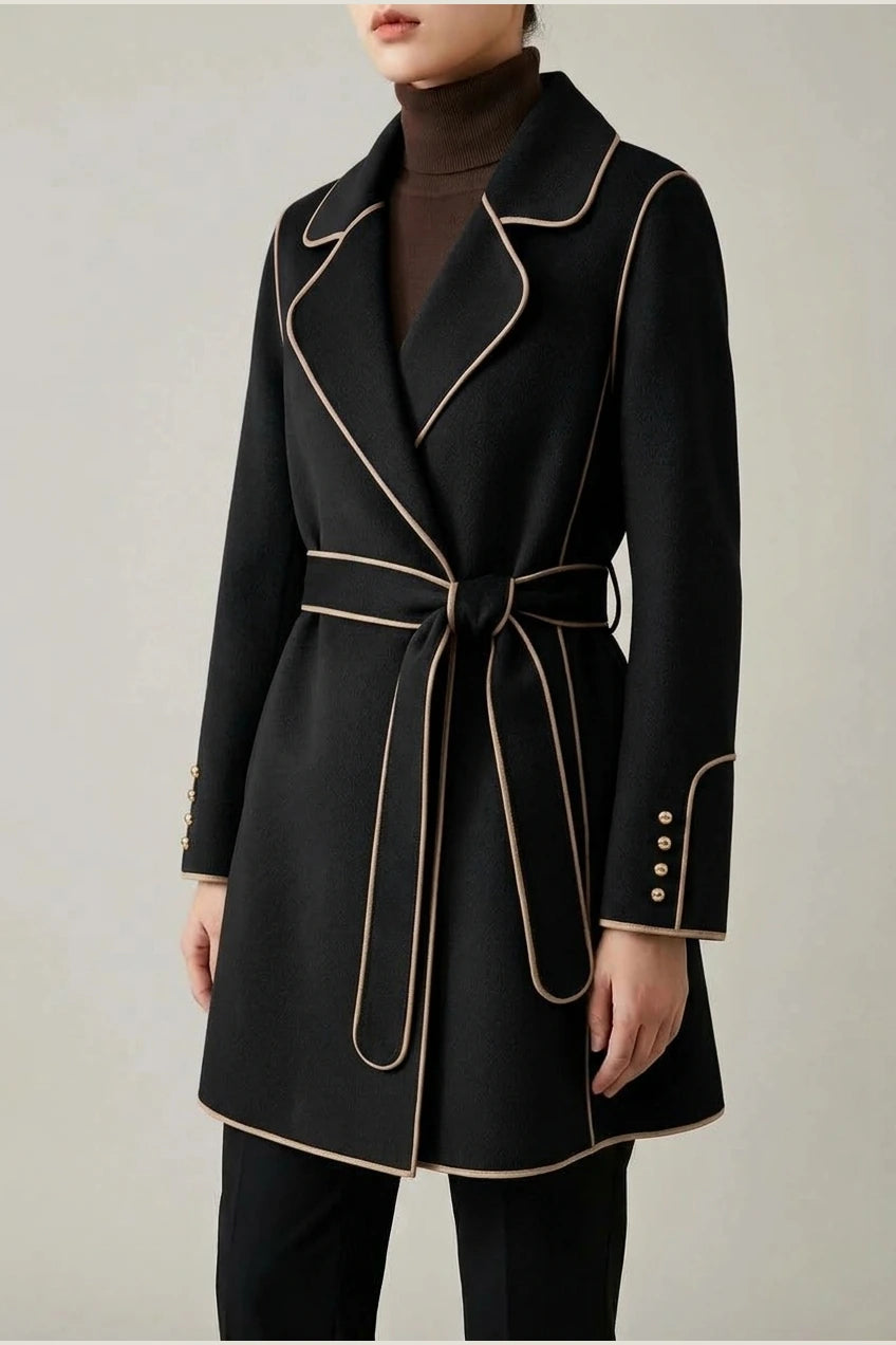 Refined Wool Coat with Contrast Trim and Self-Tie Belt — variant_front