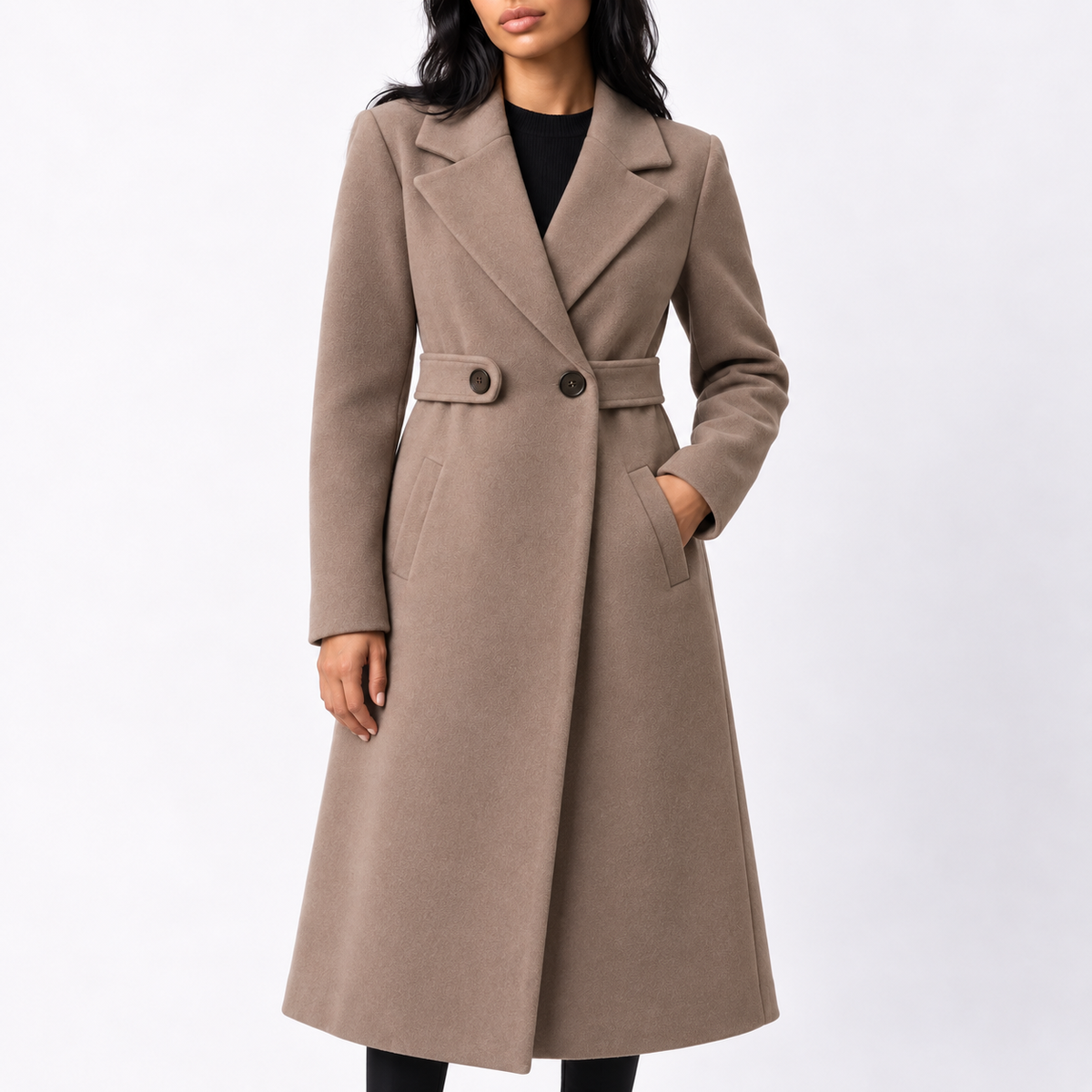 Women’s Long Belted Wool Winter Coat with Wide Lapels and Side Pockets — variant_front