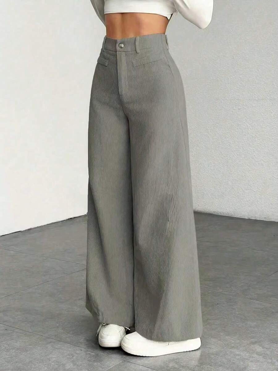 High Waist Wide Leg Corduroy Trousers with Flap Pockets — variant_front