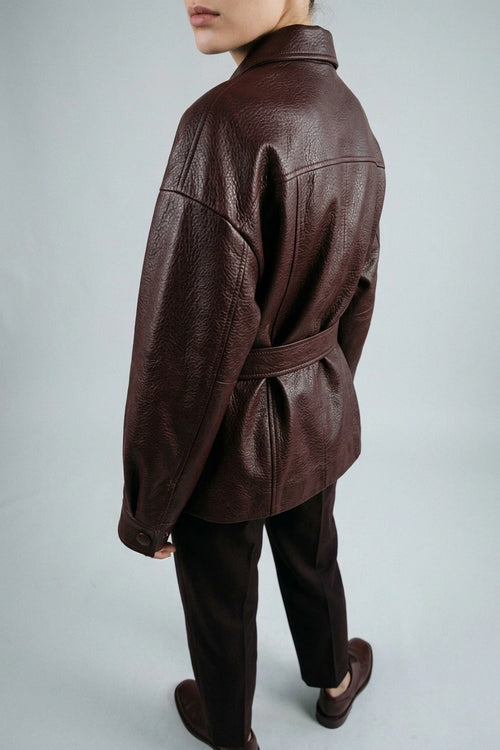 Belted Leather Jacket with Wide Collar and Cuffed Sleeves — variant_front