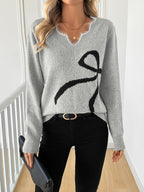 V-Neck Knit Sweater with Bow Detail, Relaxed-Fit Jumper — variant_front