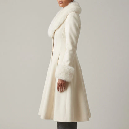 A-Line Flared Coat with Faux Fur Collar and Cuffs for Women — variant_front