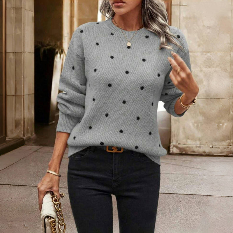 Polka Dot Knit Sweater with Crew Neck and Ribbed Cuffs — variant_front