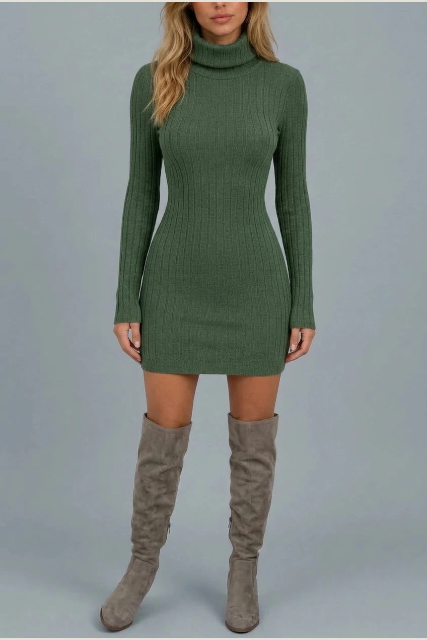 Women’s Ribbed Knit Mini Dress – Roll Neck Fitted Long Sleeve — variant_front