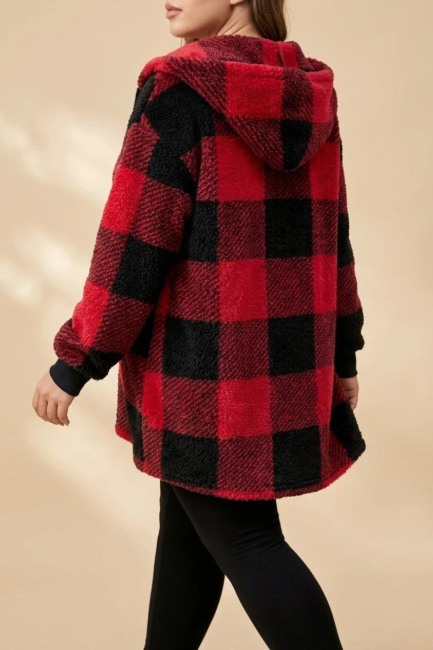 Plus Size, Plus Size Women's Elegant Red & Black Plaid Hooded Jacket - Warm Winter Suitable for Fall/Winter, Cozy Outerwear with Hood, Machine Washable Blazer for Weather, Hand Washable or Dry Cleanable (No) — variant_front