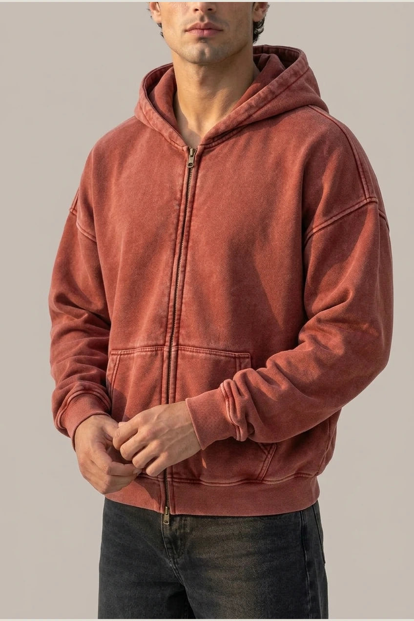 Men’s Oversized Full Zip Hoodie – Washed Hooded Jacket — variant_front